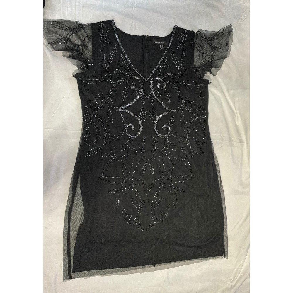 Papell‎ Boutique Black Sequin Beaded Mesh Flutter Sleeve Cocktail Dress Size 14